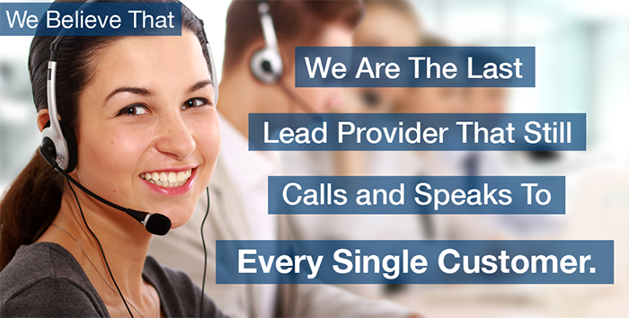 An image of a woman in a busy call centre. Text over the top reads 'We believe that we are the last lead provider that still calls and speaks to every single customer.'