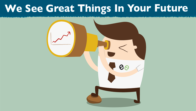 A business man, possibly Brice Engines himself, looks through a telescope that is so powerful it can see in to the future... and the future shows that Price Engines can help you achieve more sales for your business.
