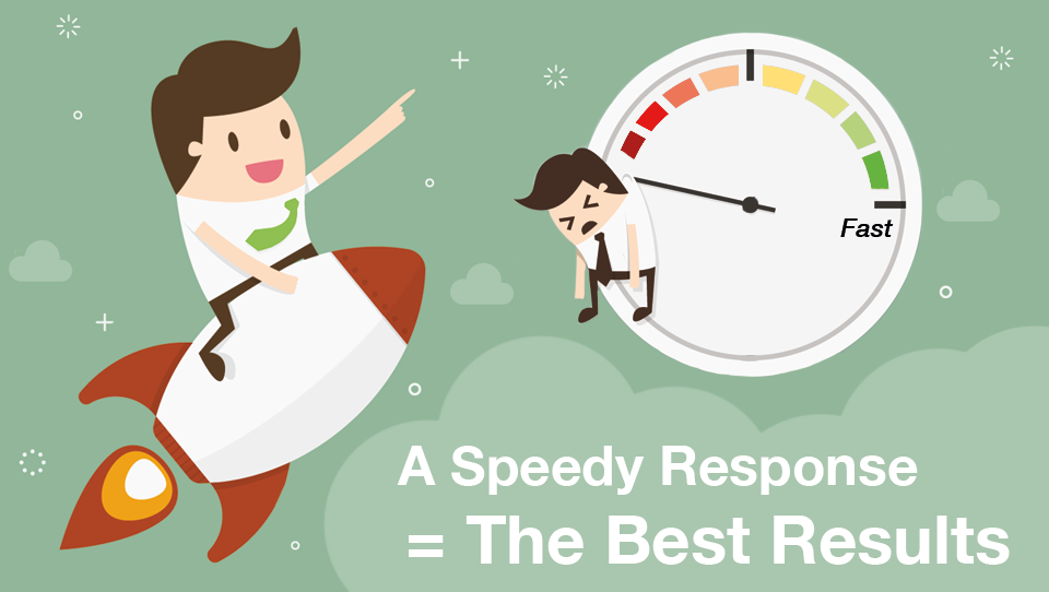 Brice Engines rides a rocket showing how speedy he is at reaching his leads, another business man sits on a speed-o-meter that is sadly pointing at a slow response time. We know that a speedy response yields the best results.